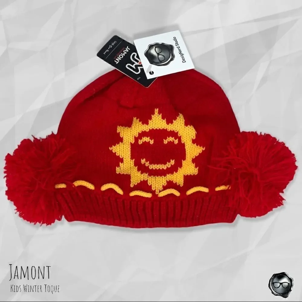 DOUBLE-POUF NORDIC WINTER SKI HAT BEANIE FOR KIDS IN SUNVALLEY RED